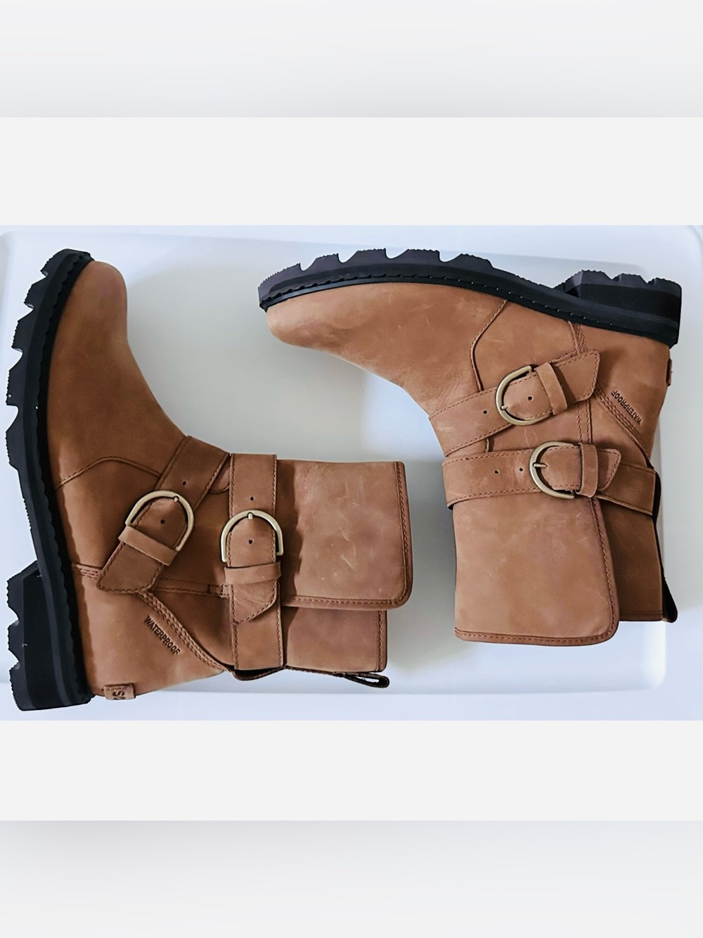 SOREL Women’s Lennox Moto Cozy Waterproof Boots Velvet Tan Leather Shearling 9.5